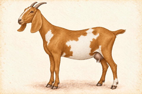 Illustration of a red and white spotted Nubian doe.