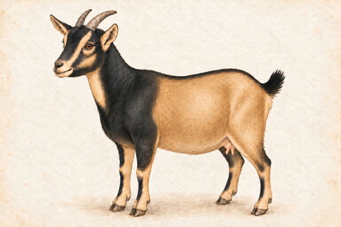 Illustration of a buckskin Nigerian Dwarf doe: black cape, tan belly and tan lower legs with dark front stripes.