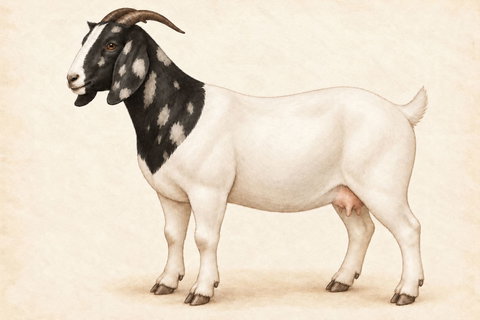 Illustration of a Boer doe: a white body and black head and neck with irregular pale dapples, long pendulous ears, Roman nose and natural horns.