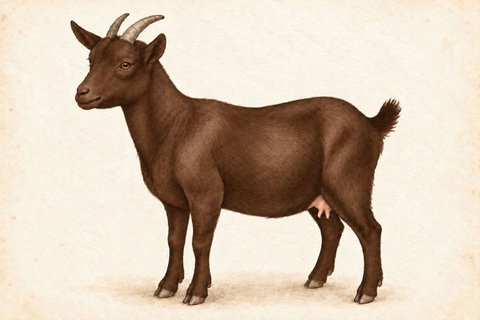 Illustration of a chocolate Nigerian Dwarf doe: solid chocolate-brown hair coat.