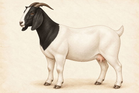 Illustration of a Boer doe: white body, black head and neck, and a white facial blaze, long pendulous ears, Roman nose and natural horns.