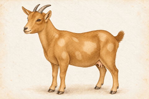 Illustration of a Nigerian Dwarf doe: gold coat with irregular pale buff-tan moonspots on the shoulder, body and hip.