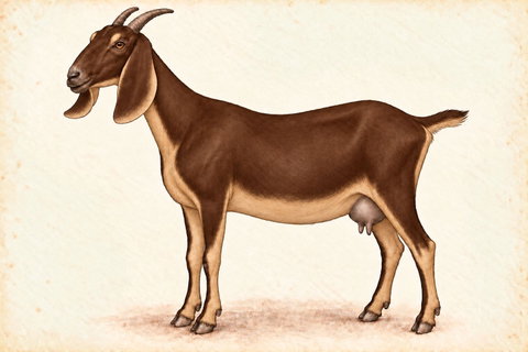 Illustration of a Nubian doe with brown black and tan coloring.