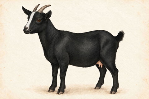 Illustration of a Nigerian Dwarf doe: black coat with a narrow white facial blaze and small white poll mark.