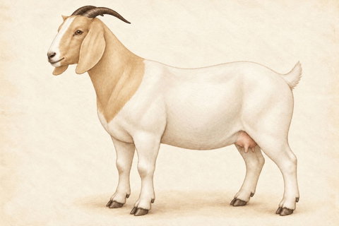 Illustration of a Boer doe: white body, cream-tan head and neck, and a white facial blaze, long pendulous ears, Roman nose and natural horns.