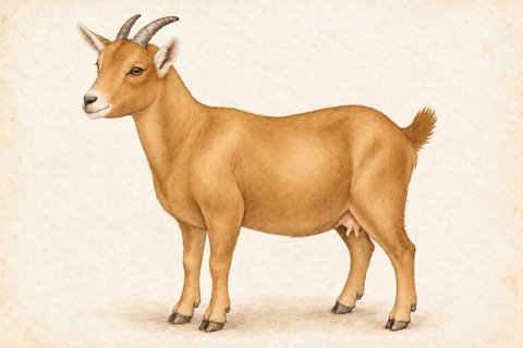 Illustration of a Nigerian Dwarf doe: gold coat with white-hair frosting on the ears and muzzle.