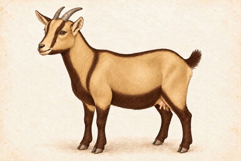 Illustration of a chocolate chamoisee Nigerian Dwarf doe: tan coat with brown face stripes, throat, shoulder stripe, dorsal stripe, belly and lower legs.