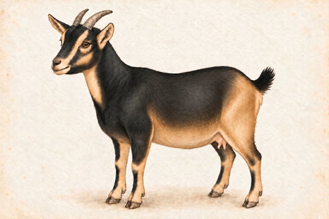 Illustration of a Nigerian Dwarf doe: an extended black cape over most of the upper body with a tan lower flank, belly line, rump and striped lower legs.