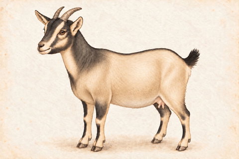 Illustration of a light buckskin Nigerian Dwarf doe: pale cream-tan body and belly with a small soft charcoal cape, dark facial lines and striped lower legs.