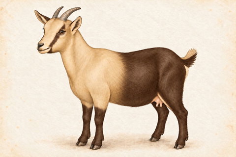 Illustration of a chocolate cou clair Nigerian Dwarf doe: cream-tan front and chocolate-brown rear, facial stripes and lower legs.