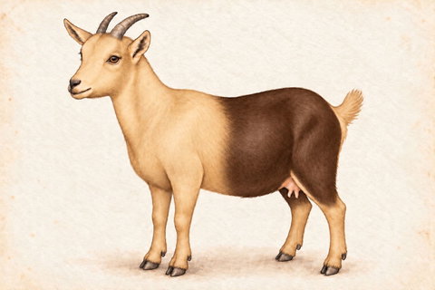 Illustration of a chocolate cou clair swiss Nigerian Dwarf doe: tan face, front, lower legs and tail with brown rear body and rear belly.