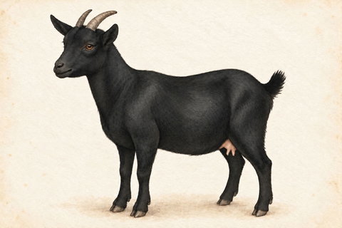 Illustration of a black Nigerian Dwarf doe: solid charcoal-black hair coat with no cream markings.