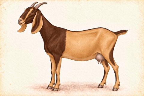 Illustration of a brown buckskin Nubian doe: brown cape and leg markings over a tan body and belly, with a tan break at each hind hock.
