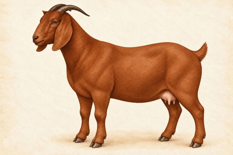 Illustration of a Boer doe: a solid warm red-brown coat across the head, body, belly and legs, long pendulous ears, Roman nose and natural horns.