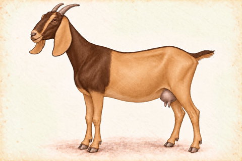 Illustration of a Nubian doe with brown buckskin swiss coloring.