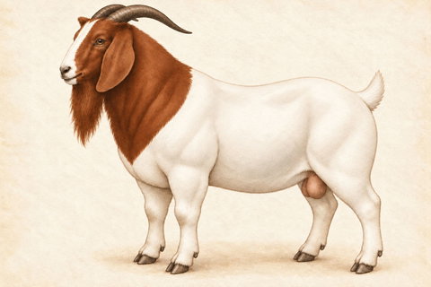 Illustration of a Boer buck: white body, red head and neck, and a white facial blaze, long pendulous ears, Roman nose and natural horns.