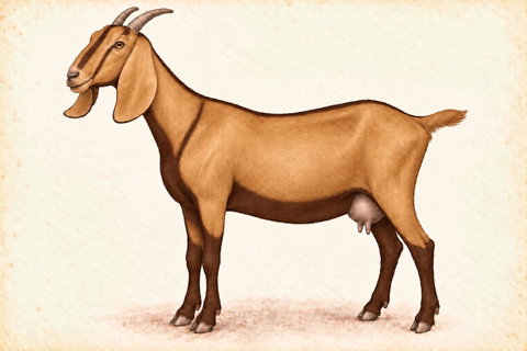 Illustration of a Nubian doe with brown chamoisee (bay) coloring.