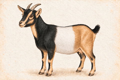 Illustration of a Nigerian Dwarf doe: black-and-tan buckskin coat with one broad white belt encircling the mid-body.