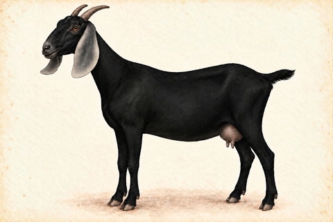 Illustration of a black Nubian doe with frosted ears.