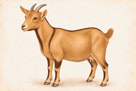 Illustration of a chocolate buckskin chamoisee Nigerian Dwarf doe: golden-tan face, body, belly and entire tail; narrow brown chin/throat, shoulder, dorsal and front leg markings.