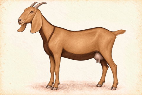 Illustration of a Nubian doe with brown chamoisee swiss coloring.