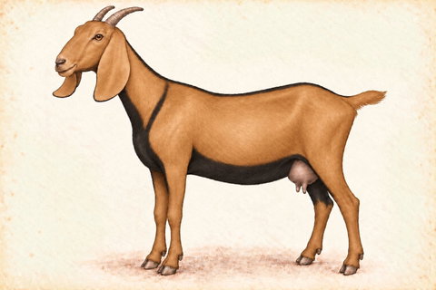Illustration of a Nubian doe with chamoisee swiss coloring.