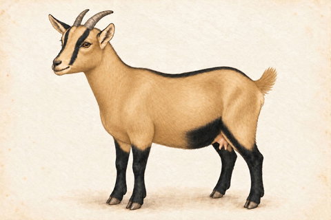 Illustration of a cou clair chamoisee Nigerian Dwarf doe: tan body, throat, chest and front belly with black face stripes, dorsal stripe, rear belly and lower legs.