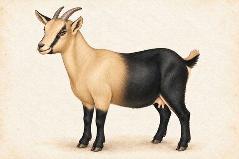 Illustration of a cou clair Nigerian Dwarf doe: cream-tan front, black rear, black lower legs and black face stripes.