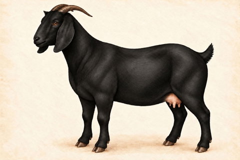 Illustration of a Boer doe: a solid black coat across the head, body, belly and legs, long pendulous ears, Roman nose and natural horns.