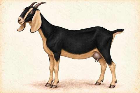 Illustration of a Nubian doe with black and tan swiss coloring.