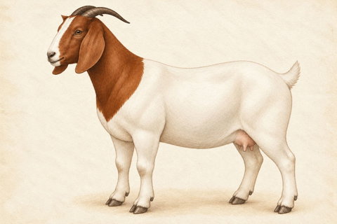 Illustration of a Boer doe: deep white body, red head, long pendulous ears, Roman nose and natural horns.