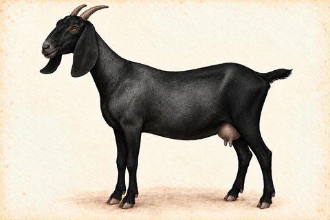 Illustration of a black roan Nubian doe.