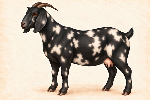 Illustration of a Boer doe: a black base with irregular pale dapples of varied sizes, long pendulous ears, Roman nose and natural horns.