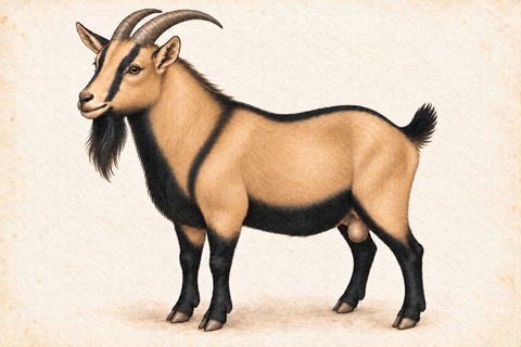 Illustration of a chamoisee Nigerian Dwarf buck: tan body, black belly and legs, black shoulder stripe, beard, thick crested neck, heavier chest and large swept-back horns.