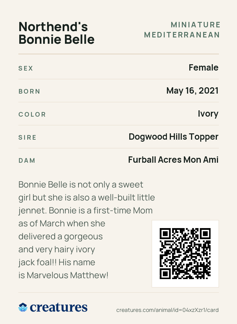 Northend's Bonnie Belle Creature Card back