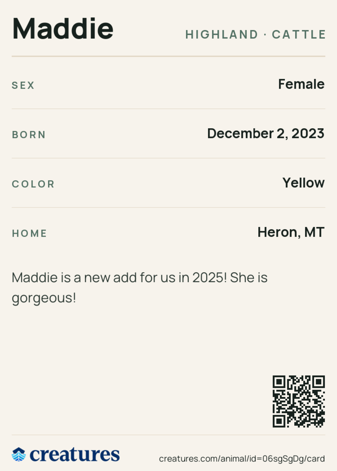 Maddie Creature Card back
