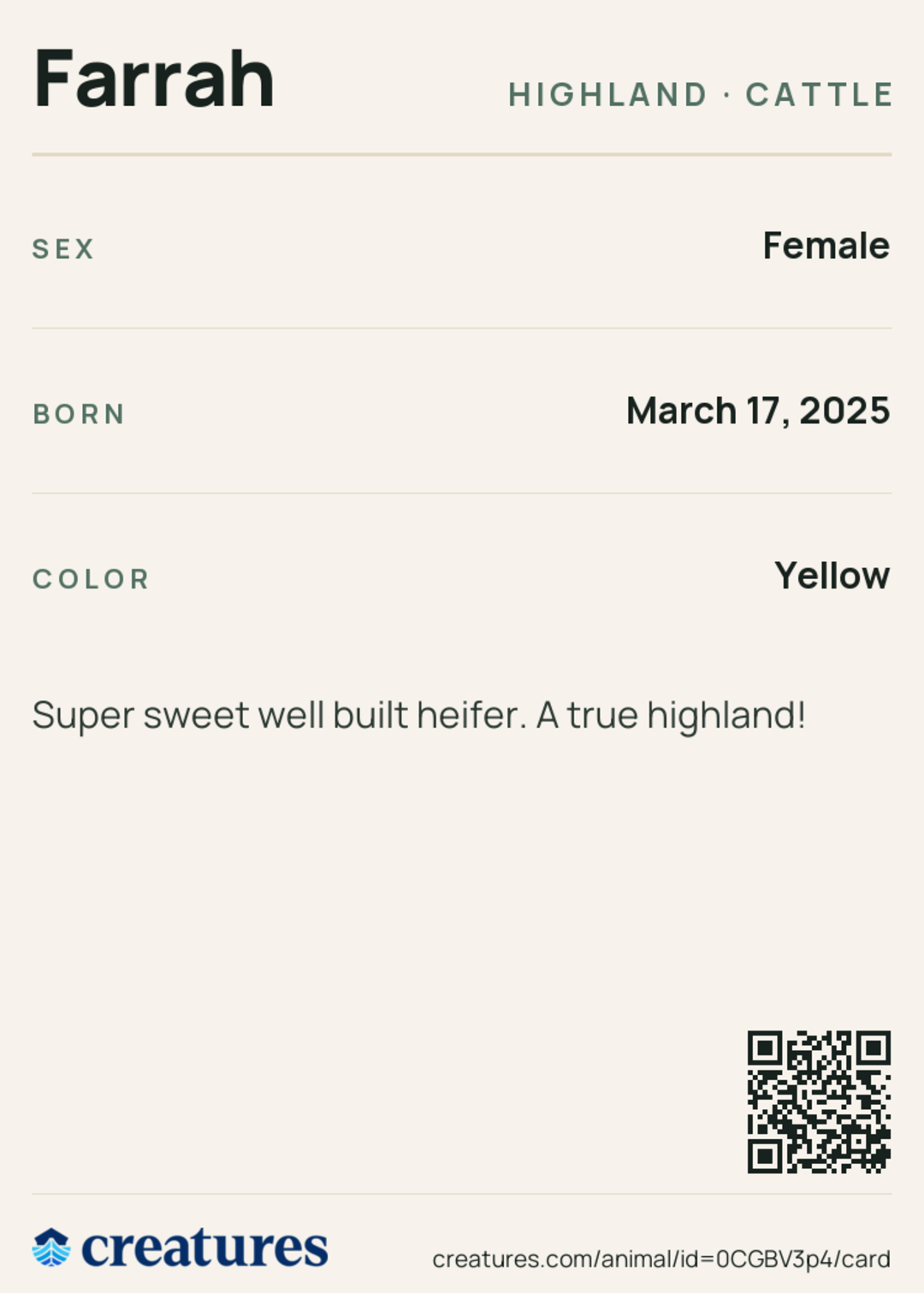 Farrah Creature Card back