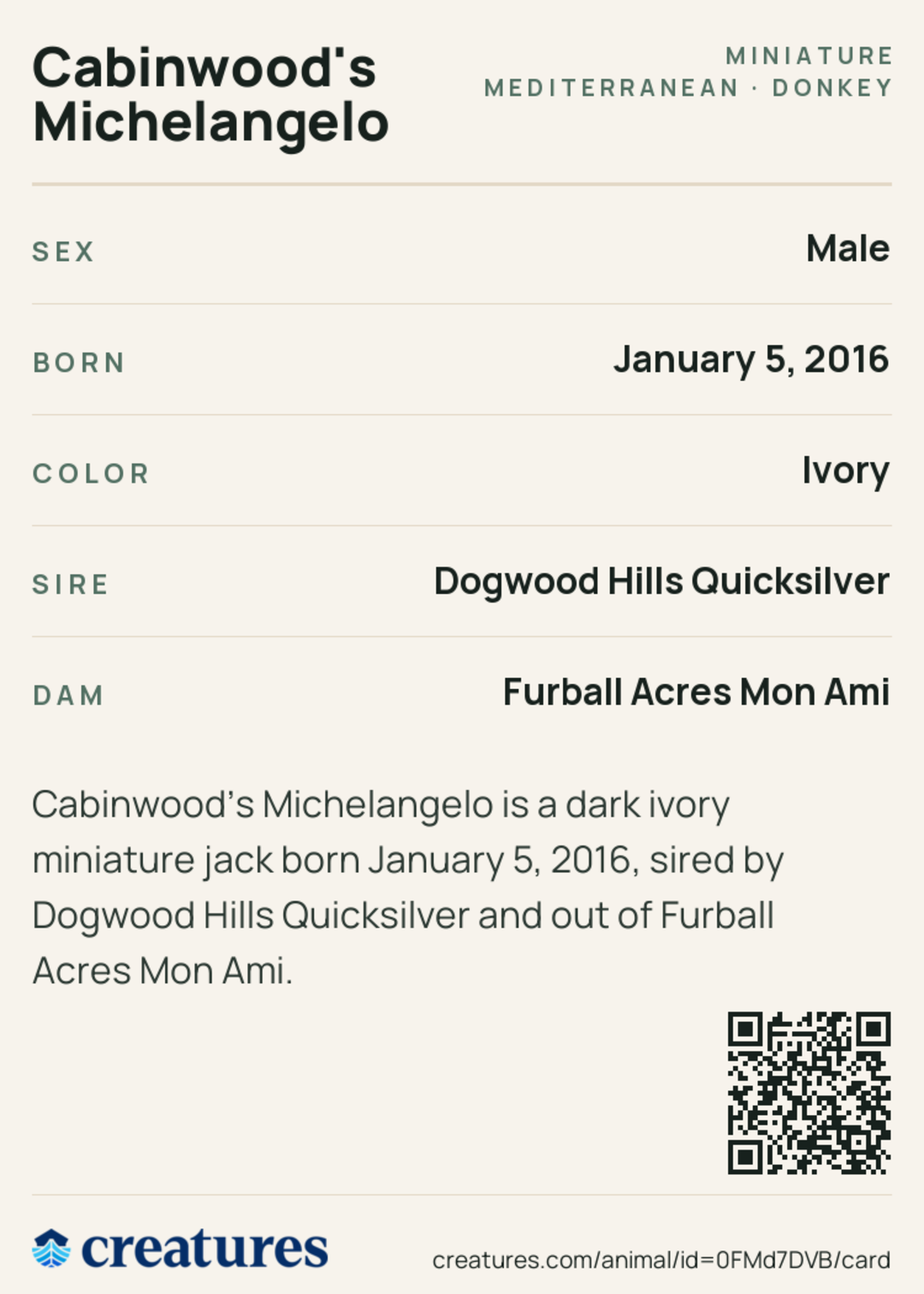 Cabinwood's Michelangelo Creature Card back