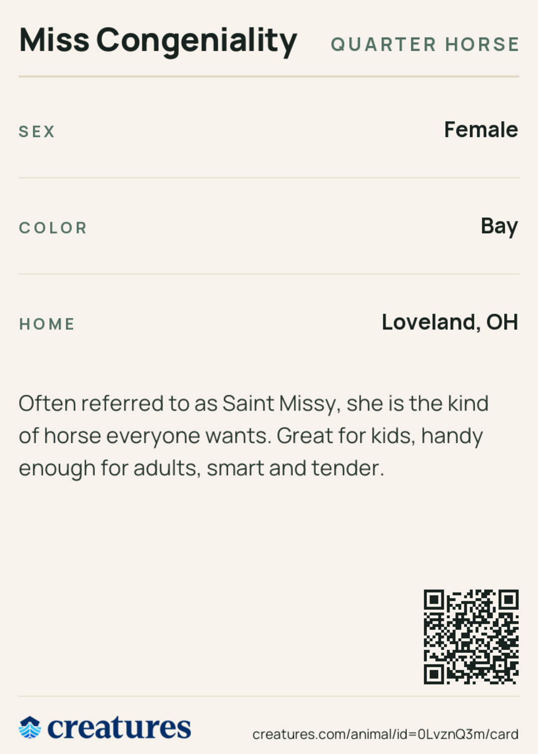 Miss Congeniality Creature Card back