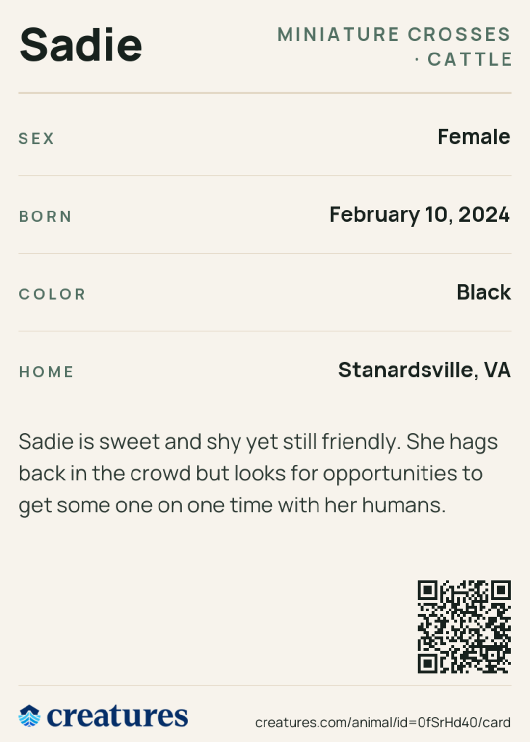 Sadie Creature Card back