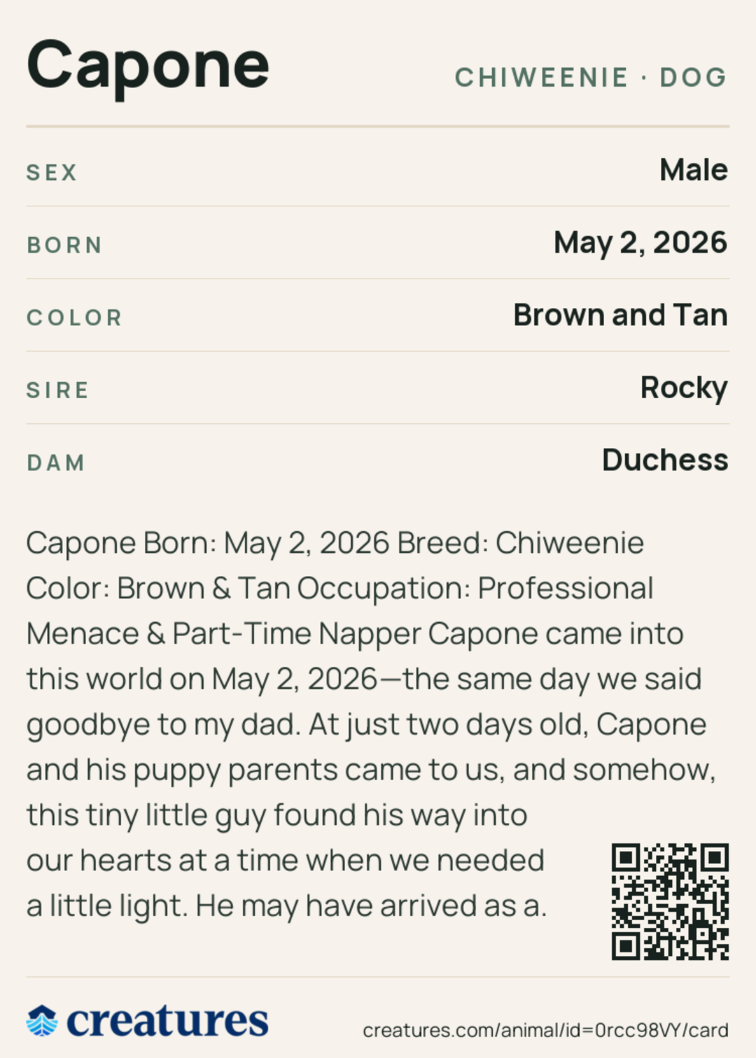 Capone Creature Card back