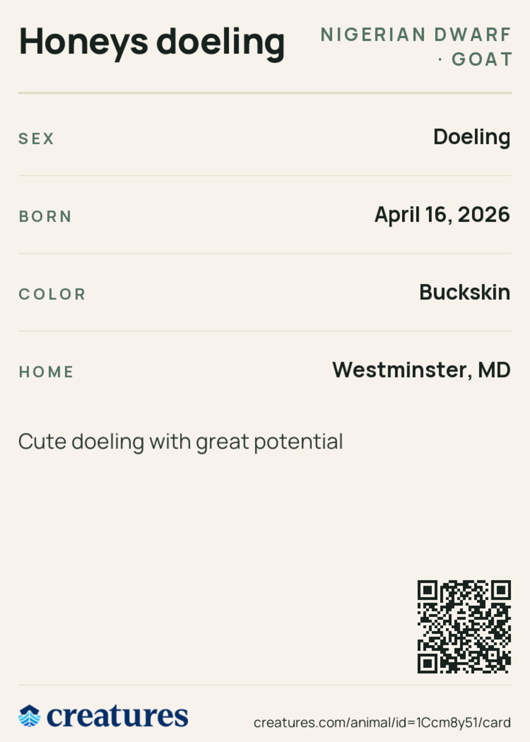 Honeys doeling Creature Card back