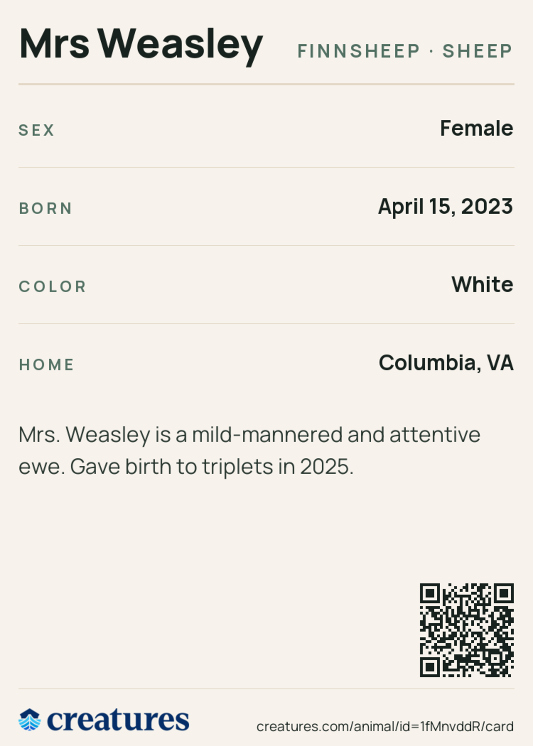 Mrs Weasley Creature Card back