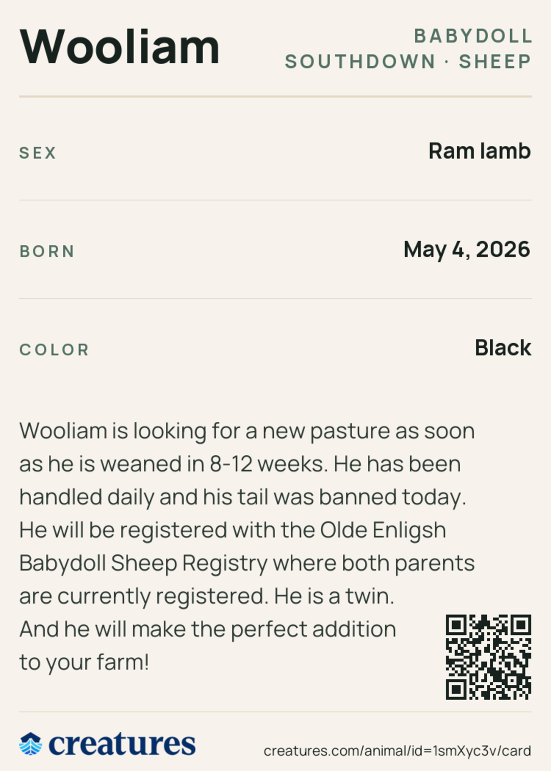 Wooliam Creature Card back