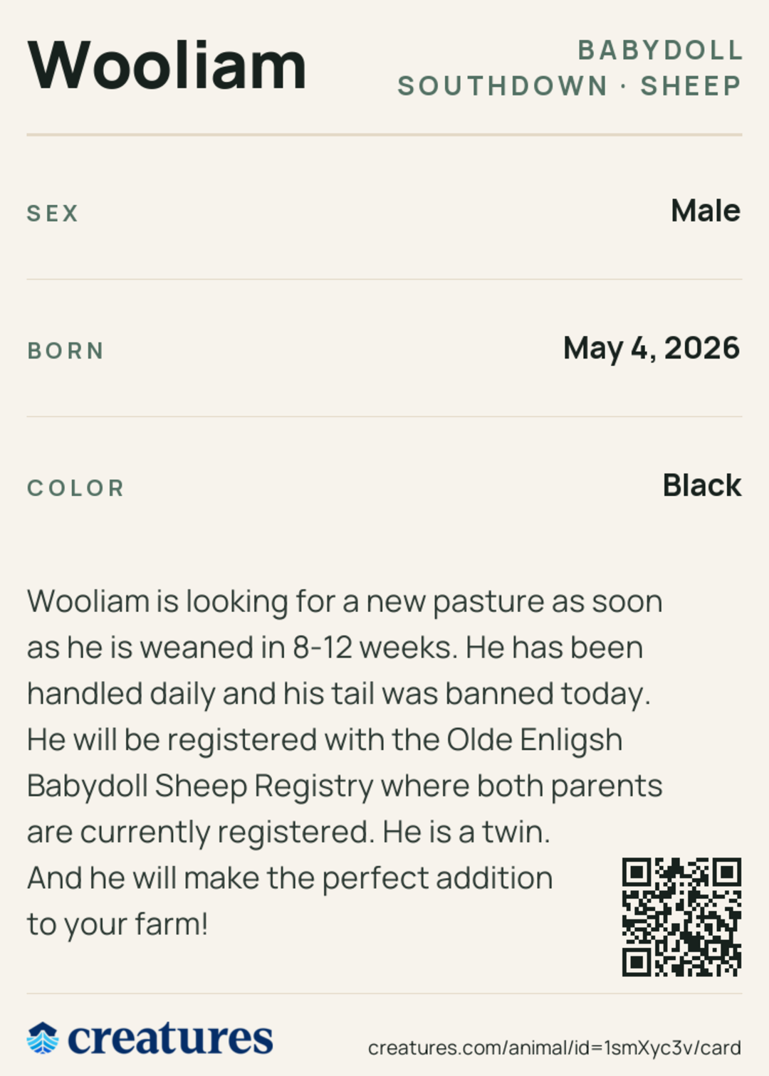 Wooliam Creature Card back