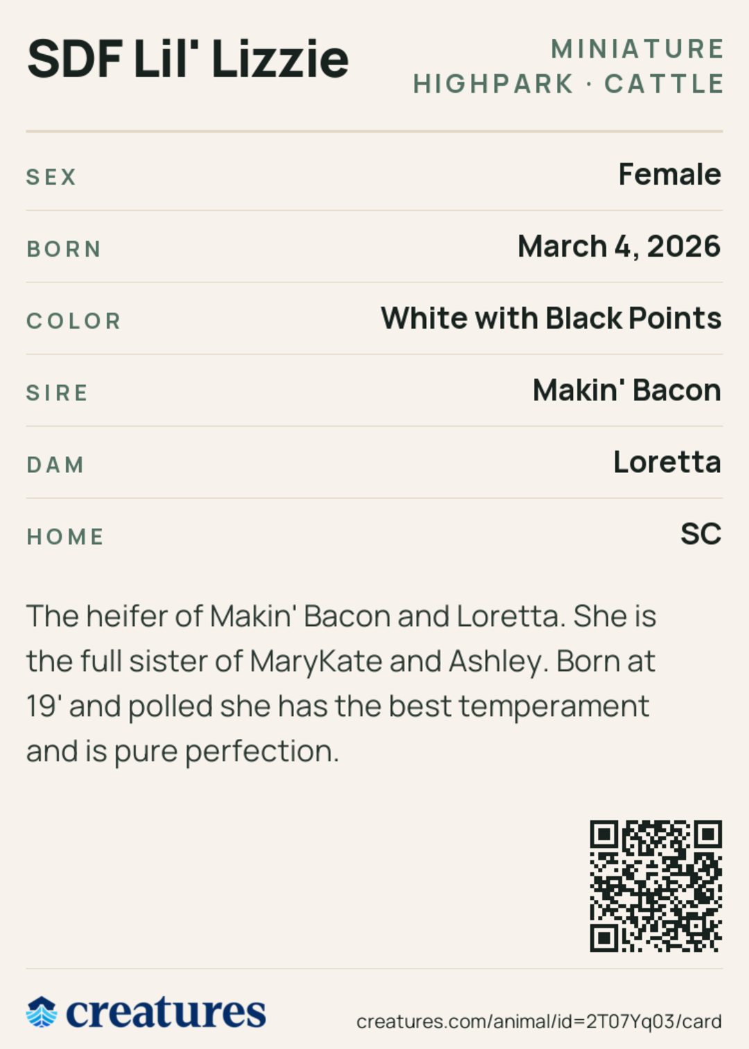 SDF Lil' Lizzie Creature Card back