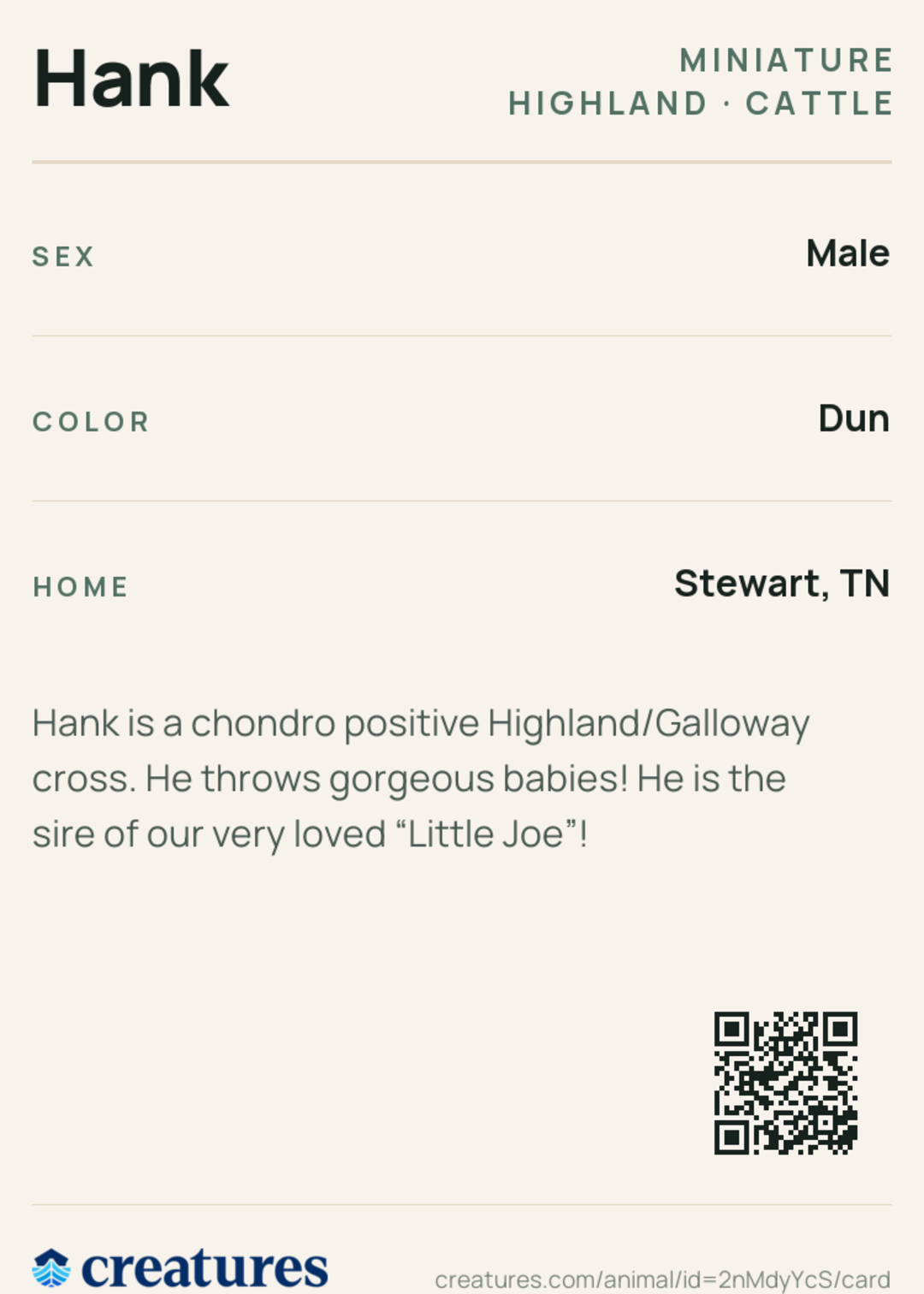 Hank Creature Card back