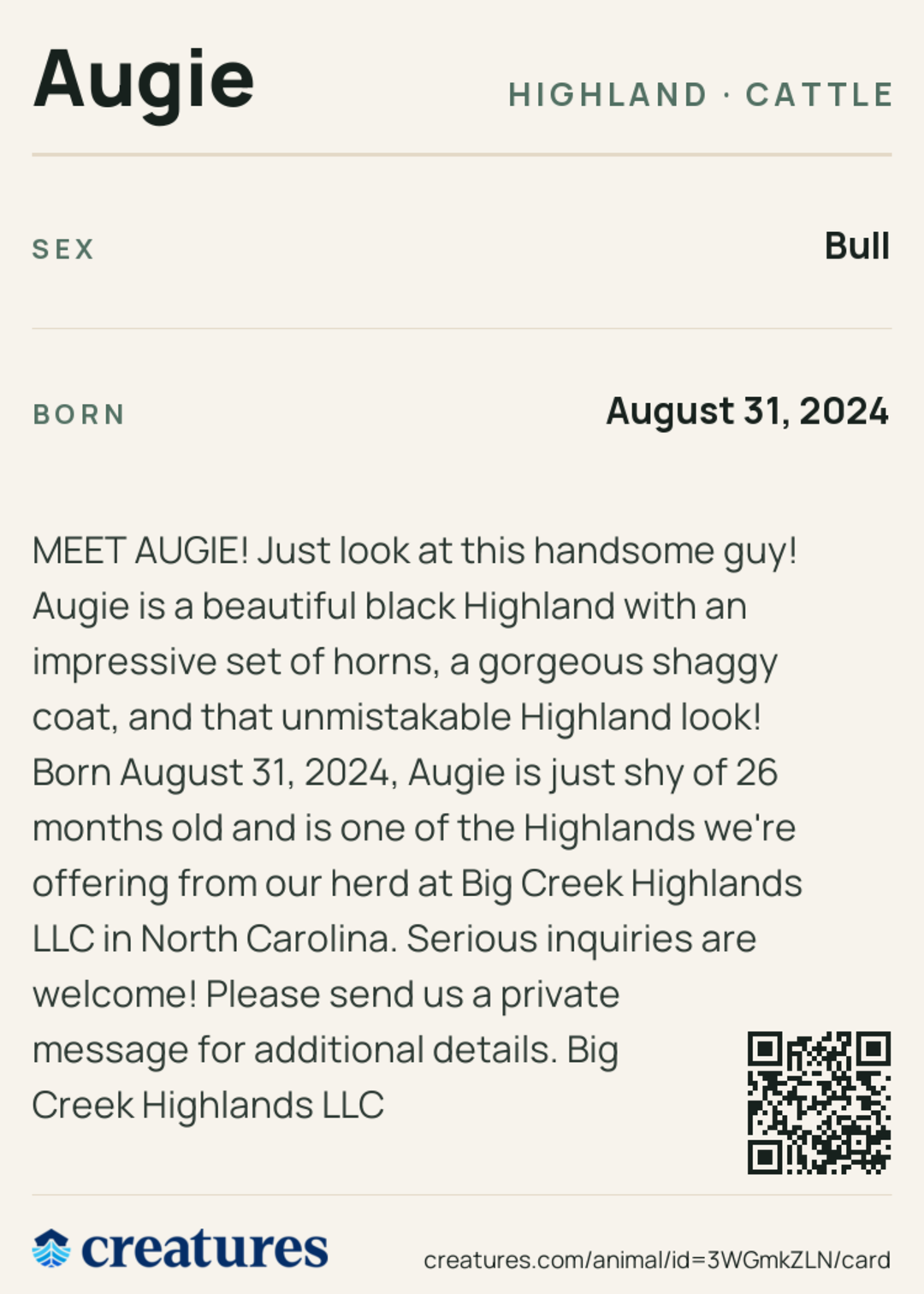 Augie Creature Card back