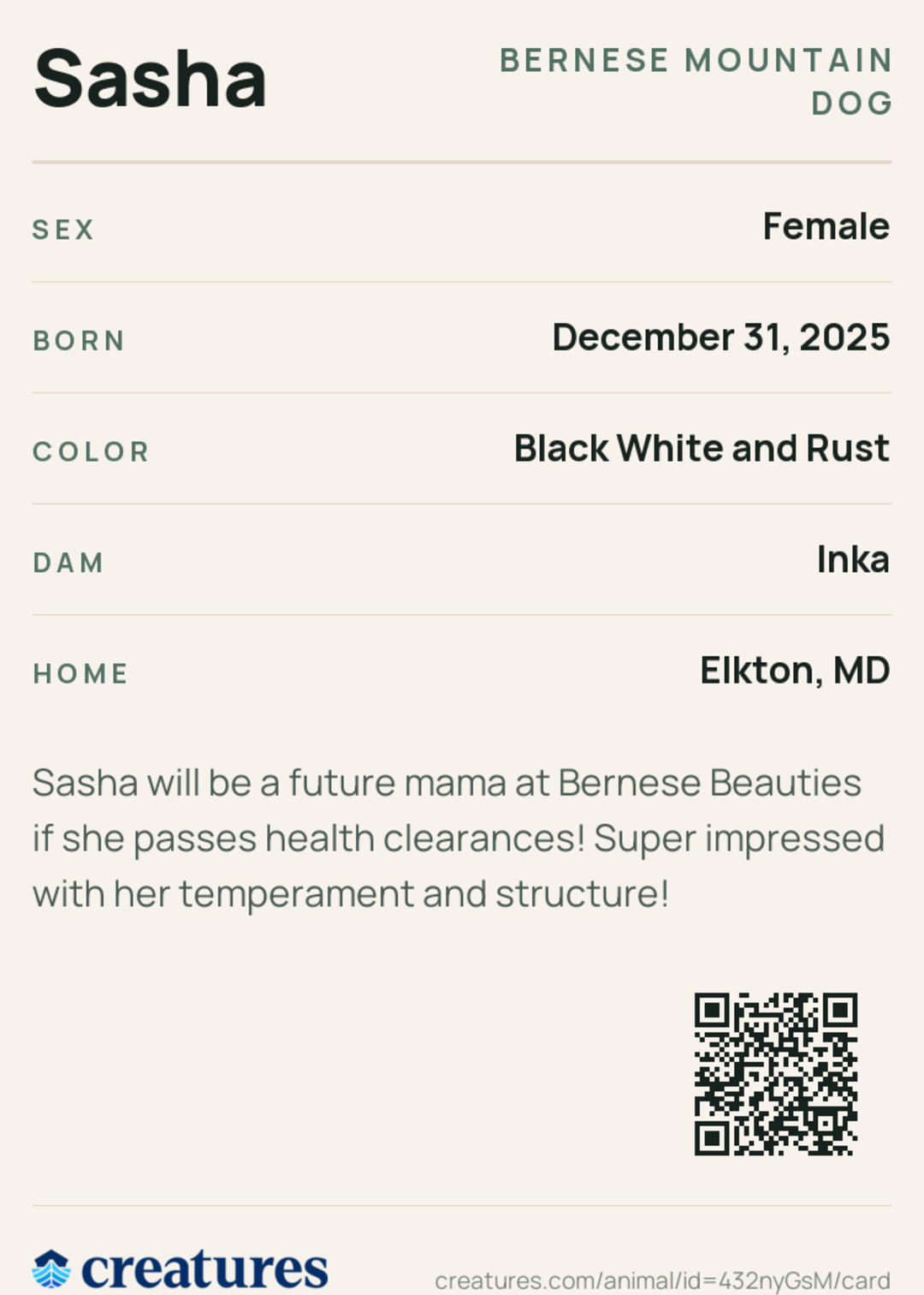 Sasha Creature Card back