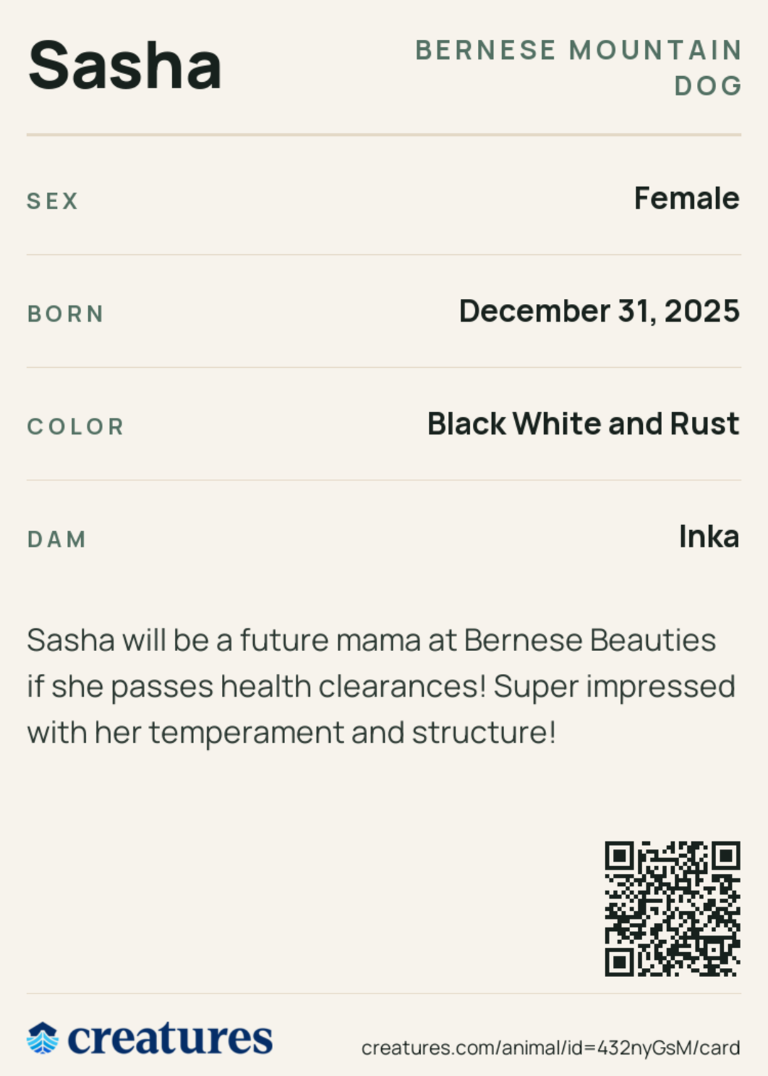 Sasha Creature Card back